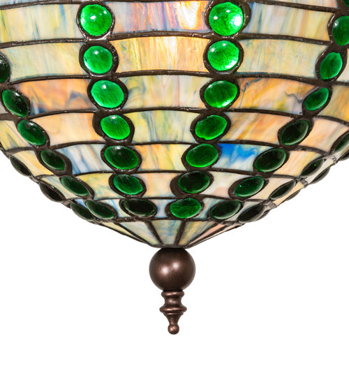 Meyda Lighting Jeweled Beehive 13" Mahogany Bronze Pendant Light With Green & Blue Art Shade Glass