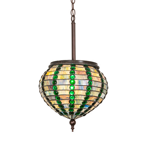 Meyda Lighting Jeweled Beehive 13" Mahogany Bronze Pendant Light With Green & Blue Art Shade Glass