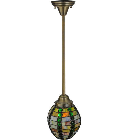 Meyda Lighting Jeweled Beehive 8" Antique Brass Mini Pendant Light With Multi-Colored Shade Glass