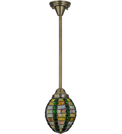 Meyda Lighting Jeweled Beehive 8" Antique Brass Mini Pendant Light With Multi-Colored Shade Glass