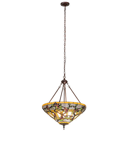 Meyda Lighting Jeweled Grape 24" 3-Light Mahogany Bronze Inverted Pendant Light With Multi-Colored Stained Shade Glass