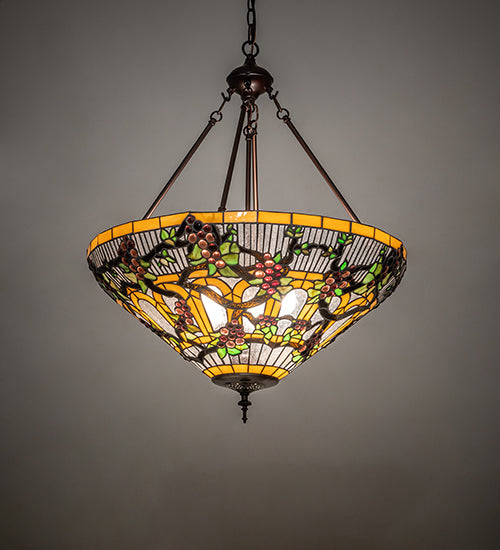 Meyda Lighting Jeweled Grape 24" 3-Light Mahogany Bronze Inverted Pendant Light With Multi-Colored Stained Shade Glass