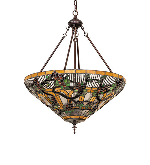 Meyda Lighting Jeweled Grape 24" 3-Light Mahogany Bronze Inverted Pendant Light With Multi-Colored Stained Shade Glass