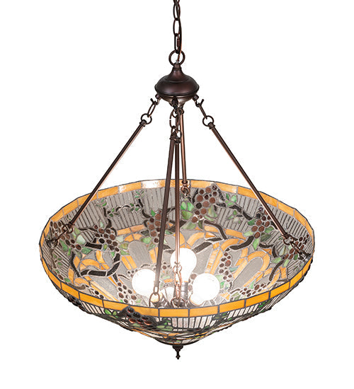 Meyda Lighting Jeweled Grape 24" 3-Light Mahogany Bronze Inverted Pendant Light With Multi-Colored Stained Shade Glass