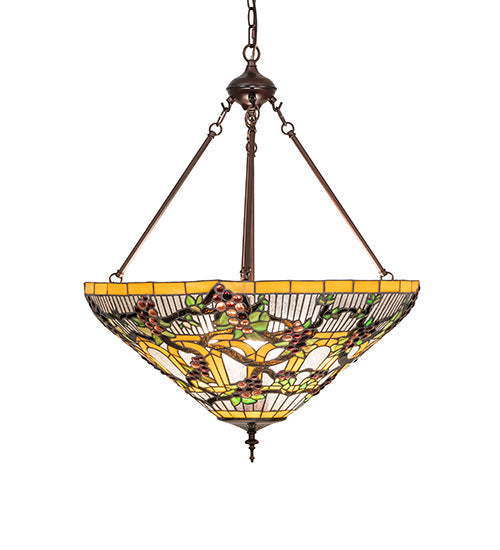 Meyda Lighting Jeweled Grape 24" 3-Light Mahogany Bronze Inverted Pendant Light With Multi-Colored Stained Shade Glass