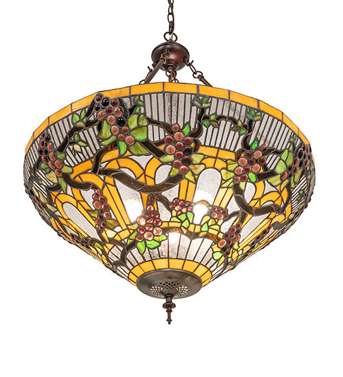 Meyda Lighting Jeweled Grape 24" 3-Light Mahogany Bronze Inverted Pendant Light With Multi-Colored Stained Shade Glass