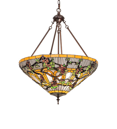 Meyda Lighting Jeweled Grape 24" 3-Light Mahogany Bronze Inverted Pendant Light With Multi-Colored Stained Shade Glass