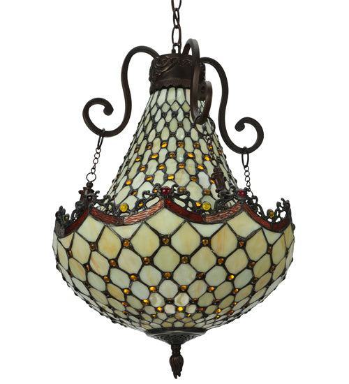 Meyda Lighting Jeweled Katherine 16" 5-Light Mahogany Bronze Pendant Light With Red and Amber Shade Glass