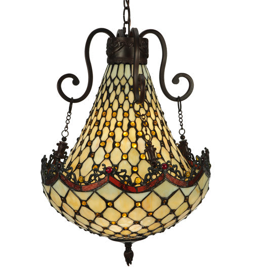 Meyda Lighting Jeweled Katherine 16" 5-Light Mahogany Bronze Pendant Light With Red and Amber Shade Glass