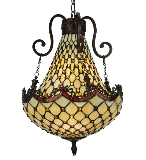 Meyda Lighting Jeweled Katherine 16" 5-Light Mahogany Bronze Pendant Light With Red and Amber Shade Glass