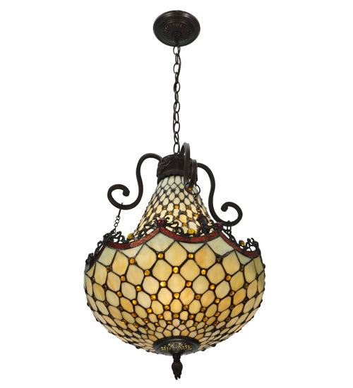 Meyda Lighting Jeweled Katherine 16" 5-Light Mahogany Bronze Pendant Light With Red and Amber Shade Glass
