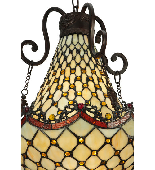 Meyda Lighting Jeweled Katherine 16" 5-Light Mahogany Bronze Pendant Light With Red and Amber Shade Glass