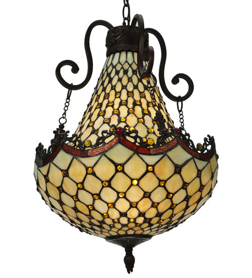 Meyda Lighting Jeweled Katherine 16" 5-Light Mahogany Bronze Pendant Light With Red and Amber Shade Glass