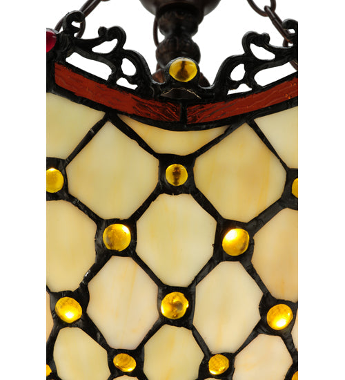 Meyda Lighting Jeweled Katherine 18" 3-Light Mahogany Bronze Inverted Pendant Light With Red and Amber Shade Glass
