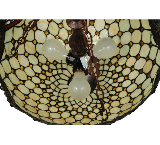 Meyda Lighting Jeweled Katherine 18" 3-Light Mahogany Bronze Inverted Pendant Light With Red and Amber Shade Glass
