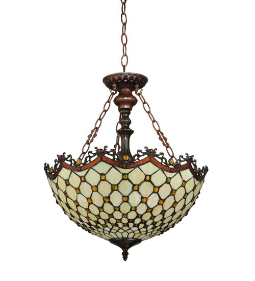 Meyda Lighting Jeweled Katherine 18" 3-Light Mahogany Bronze Inverted Pendant Light With Red and Amber Shade Glass