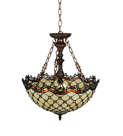 Meyda Lighting Jeweled Katherine 18" 3-Light Mahogany Bronze Inverted Pendant Light With Red and Amber Shade Glass