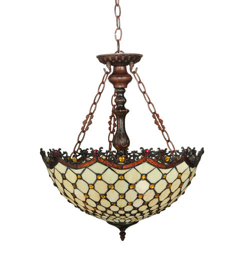 Meyda Lighting Jeweled Katherine 18" 3-Light Mahogany Bronze Inverted Pendant Light With Red and Amber Shade Glass