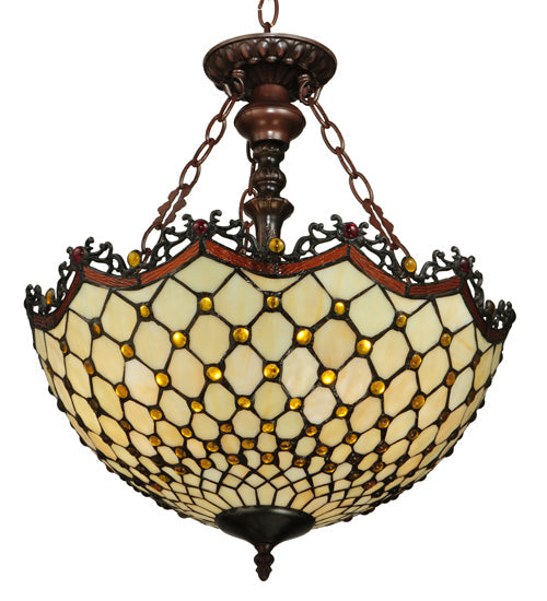 Meyda Lighting Jeweled Katherine 18" 3-Light Mahogany Bronze Inverted Pendant Light With Red and Amber Shade Glass