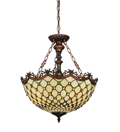 Meyda Lighting Jeweled Katherine 18" 3-Light Mahogany Bronze Inverted Pendant Light With Red and Amber Shade Glass