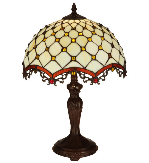 Meyda Lighting Jeweled Katherine 20" Mahogany Bronze Table Lamp With Beige Opalescent and Root Beer Shade Glass