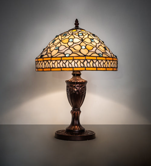 Meyda Lighting Jeweled Quatrefoil 18" Mahogany Bronze Table Lamp With Multi-Colored Shade Glass