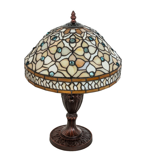 Meyda Lighting Jeweled Quatrefoil 18" Mahogany Bronze Table Lamp With Multi-Colored Shade Glass