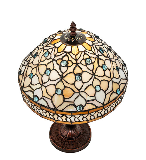 Meyda Lighting Jeweled Quatrefoil 18" Mahogany Bronze Table Lamp With Multi-Colored Shade Glass