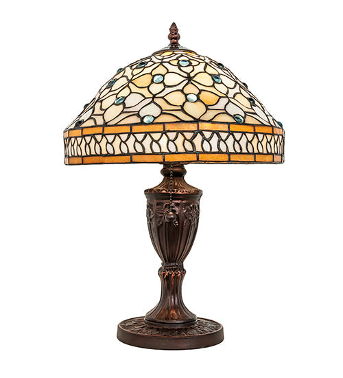 Meyda Lighting Jeweled Quatrefoil 18" Mahogany Bronze Table Lamp With Multi-Colored Shade Glass