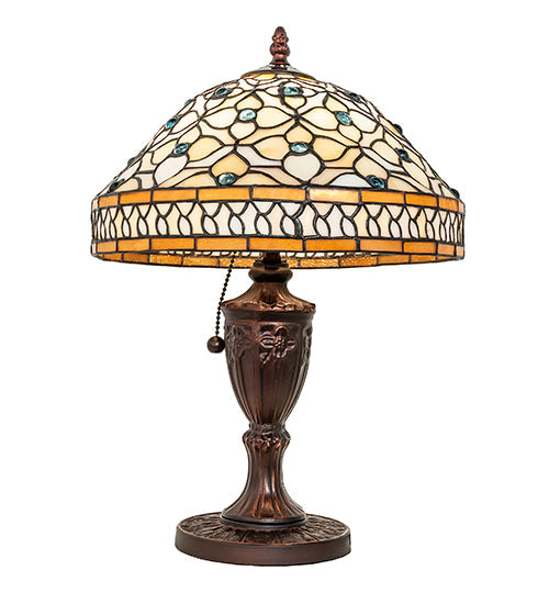 Meyda Lighting Jeweled Quatrefoil 18" Mahogany Bronze Table Lamp With Multi-Colored Shade Glass