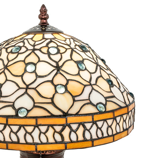 Meyda Lighting Jeweled Quatrefoil 18" Mahogany Bronze Table Lamp With Multi-Colored Shade Glass