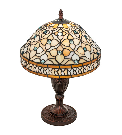 Meyda Lighting Jeweled Quatrefoil 18" Mahogany Bronze Table Lamp With Multi-Colored Shade Glass