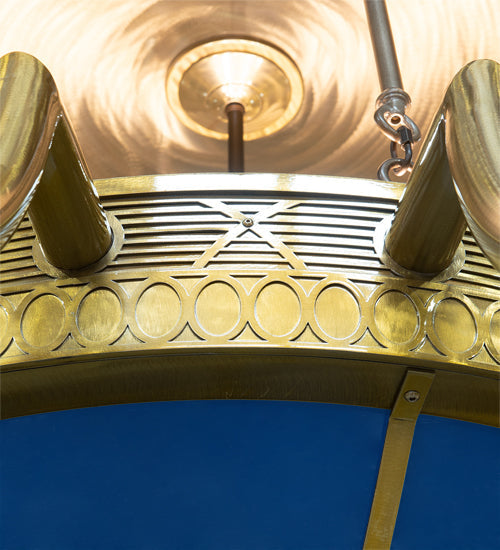 Meyda Lighting Kahe 168" 32-Light Brass & Black Hills Gold Chandelier With Clear & Frosted, Blue Idalight Shade Glass