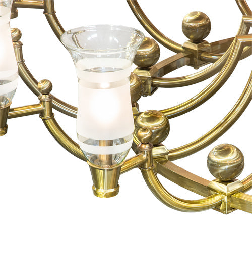 Meyda Lighting Kahe 168" 32-Light Brass & Black Hills Gold Chandelier With Clear & Frosted, Blue Idalight Shade Glass
