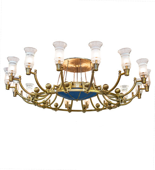 Meyda Lighting Kahe 168" 32-Light Brass & Black Hills Gold Chandelier With Clear & Frosted, Blue Idalight Shade Glass
