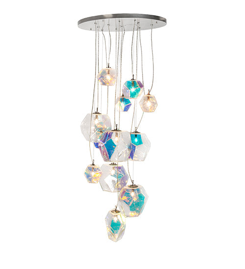 Meyda Lighting Kalos Eidos 36" 12-Light Nickel Cascading Pendant Light With Multi-Colored Iridescent Shade Glass