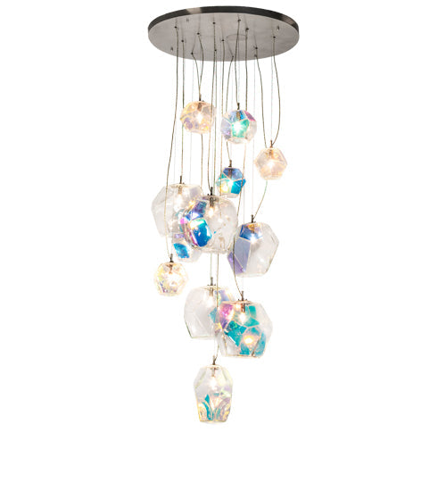 Meyda Lighting Kalos Eidos 36" 12-Light Nickel Cascading Pendant Light With Multi-Colored Iridescent Shade Glass