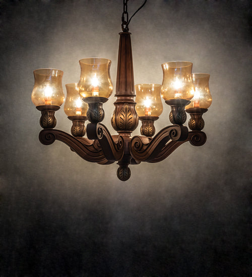 Meyda Lighting Kendall 30" 6-Light Antique Cherry Chandelier With Pale Amber Shade Glass