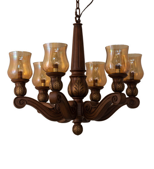 Meyda Lighting Kendall 30" 6-Light Antique Cherry Chandelier With Pale Amber Shade Glass