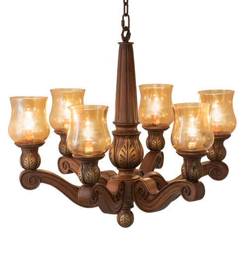 Meyda Lighting Kendall 30" 6-Light Antique Cherry Chandelier With Pale Amber Shade Glass
