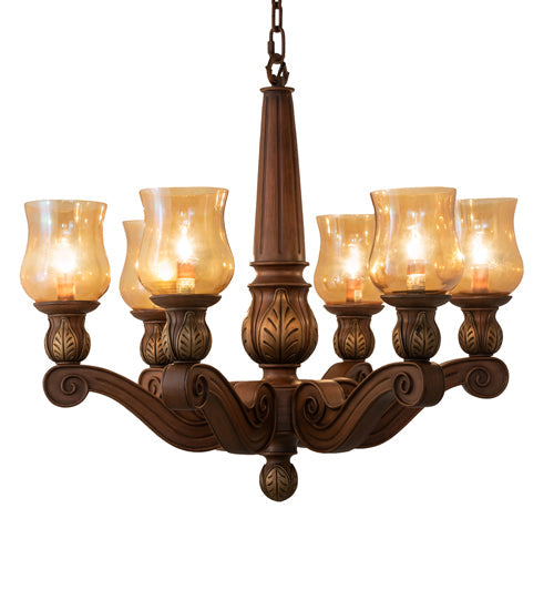 Meyda Lighting Kendall 30" 6-Light Antique Cherry Chandelier With Pale Amber Shade Glass