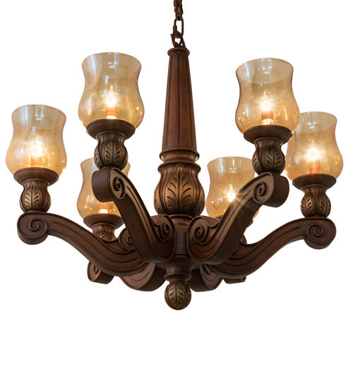 Meyda Lighting Kendall 30" 6-Light Antique Cherry Chandelier With Pale Amber Shade Glass