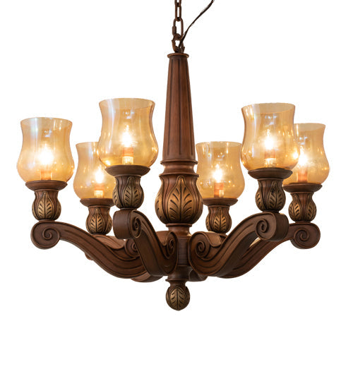 Meyda Lighting Kendall 30" 6-Light Antique Cherry Chandelier With Pale Amber Shade Glass