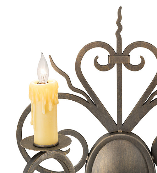 Meyda Lighting Kenneth 15" 2-Light Antique Brass Wall Sconce With Ivory Faux Candlelight