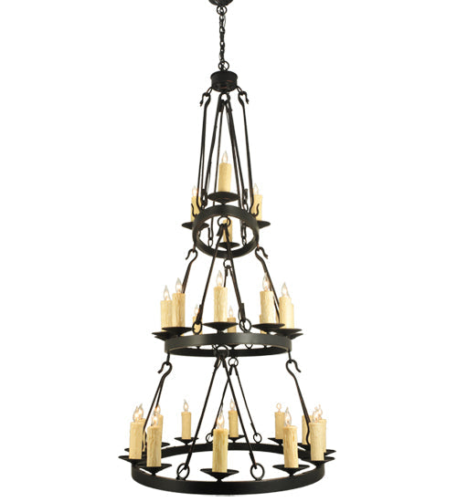 Meyda Lighting Kenosha 60" 28-Light 3-Tier Solar Black & Copper Highlights Chandelier With Ivory Faux Candlelight