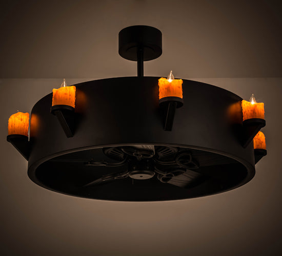 Meyda Lighting Kingston 40" 8-Light Black Chandelier With Amber Faux Candlelight and Fan