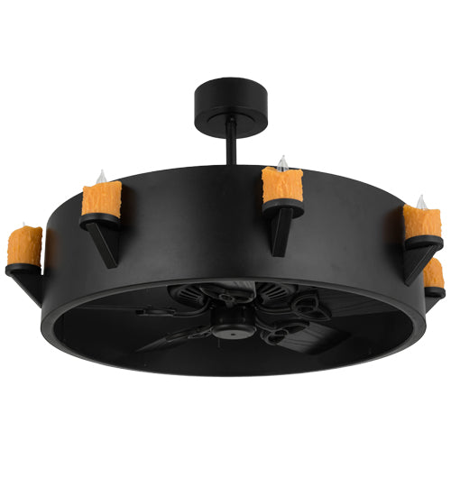 Meyda Lighting Kingston 40" 8-Light Black Chandelier With Amber Faux Candlelight and Fan