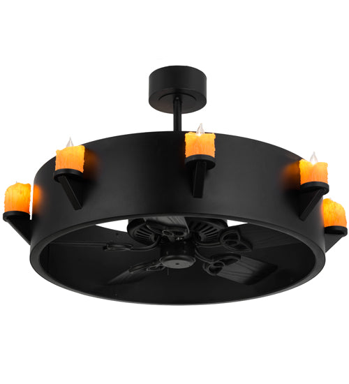 Meyda Lighting Kingston 40" 8-Light Black Chandelier With Amber Faux Candlelight and Fan