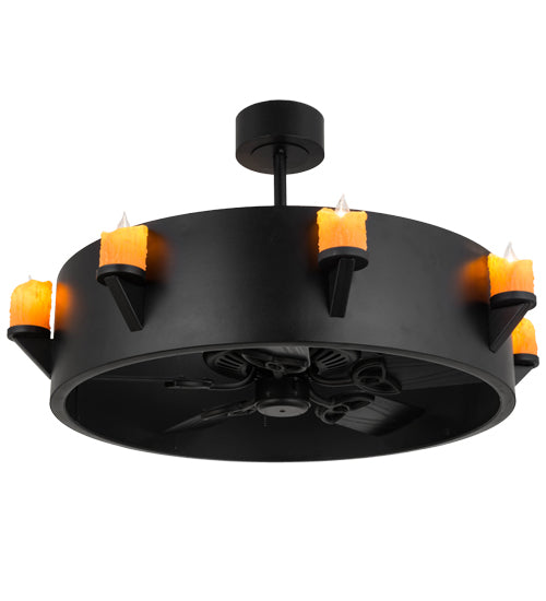 Meyda Lighting Kingston 40" 8-Light Black Chandelier With Amber Faux Candlelight and Fan
