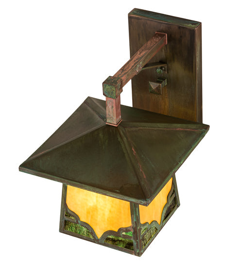 Meyda Lighting Kirkpatrick 10" Verdigris Copper Wall Sconce With Green & Beige Shade Glass